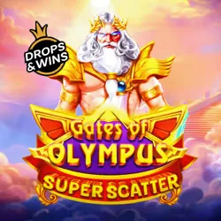 Portada del juego Gates of Olympus Super Scatter: Zeus de barba blanca con armadura dorada ante un cielo al atardecer