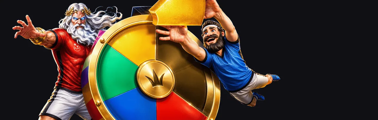 Imagen promocional de BetOnWin: figura de Zeus junto a un futbolista y una gran rueda de la fortuna dorada con sectores de colores